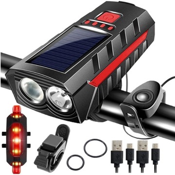 LAMPKA NA ROWER KIEROWNICĘ SOLARNA ZESTAW LED PRZÓD TYŁ GŁOŚNY DZWONEK