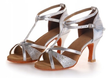 BUTY DO TAŃCA TOWARZYSKIEGO TANECZNE 7cm SREBRNE