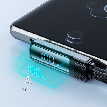 Toocki USB-A na Type-C Szybki kabel kolankowy 90° 100 W z wyświetlaczem cyfrowym 6A