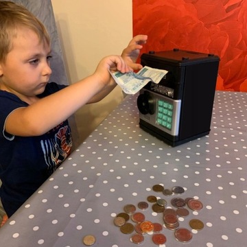 Sejf Skarbonka na PIN Banknoty Bankomat Monety + Kod Wpłatomat dla Dzieci