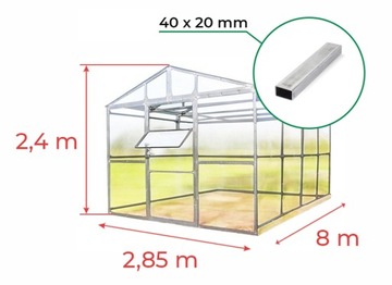SZKLARNIA z POLIWĘGLANU 2,85x8m OCYNK DOM 40x20mm