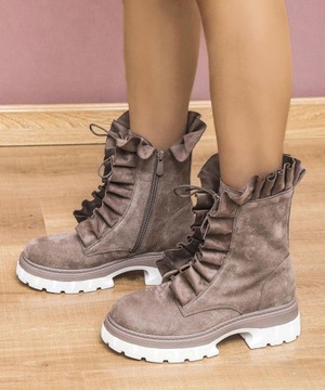 BOTKI DAMSKIE ZAMSZ OCIEPL FALBANKA TAUPE BEŻ R40