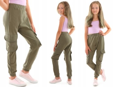 Spodnie dresowe BAGGY bojówki, KHAKI - 158 KROPEK