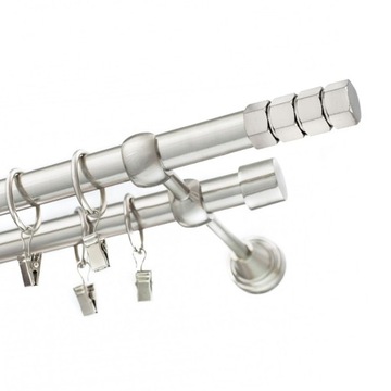 KARNISZ PODWÓJNY METALOWY 19+19MM SREBRNY POŁYSK EFEKT STALI 170cm KOMPLET