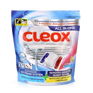 Trzykomorowe kapsułki do zmywarki z aktywnym tlenem - Cleox 27szt PREMIUM