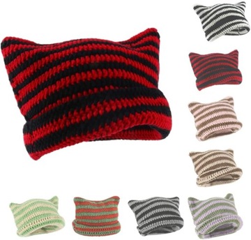 Женская вязаная шапка-бини в полоску, Y2K Готическая вязаная крючком шапка с кошачьими ушками,