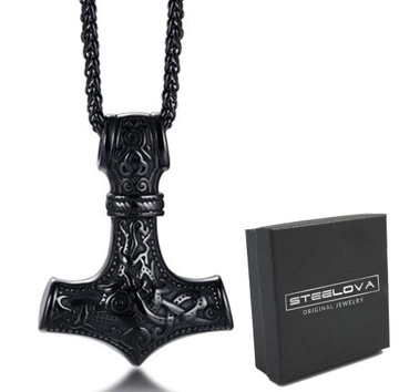 DUŻY MŁOT THORA CZARNY VIKINGOWIE + ŁAŃCUSZEK STAL