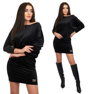 WELUROWA sukienka OVERSIZE damska MIDI czarna M