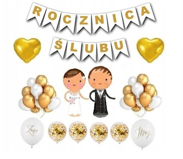 Rocznica Ślubu Balony Baner Dekoracje Zestaw Złoty