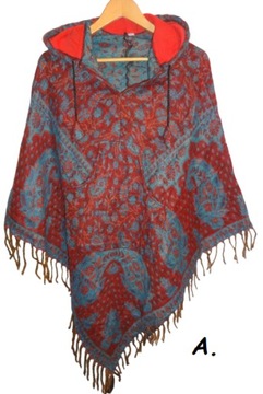 Ponczo boho orientalne indyjskie z kapturem wzory