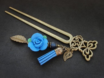 Szpilka wsuwka igła do włosów koka niebieska róża podwójna szpila handmade
