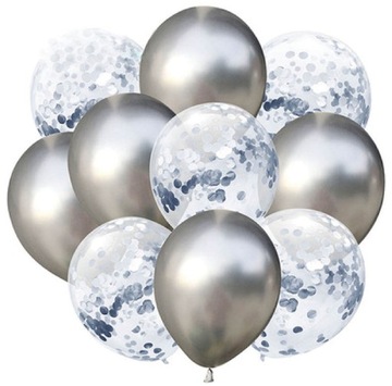BALONY METALICZNE Z KONFETTI SREBRNE CHROM 10 SZT