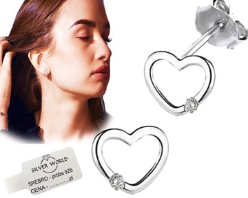KOLCZYKI SREBRNE 925 NA SZTYFT SERDUSZKA SERCA .Cyrkonie Swarovski SREBRO