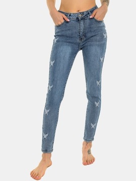 Modne Jeansy Spodnie Damskie Skinny Rurki z Wysokim Stanem Motylki S