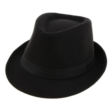 Retro ciepły, wełniany filcowy męski kapelusz gangsterski Trilby Fedora z wąskim rondem, czarny