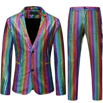 Mens Stage Prom Suits Shiny Rainbow Plaid Sequin J