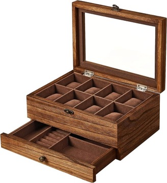 ELEGANCKA SZKATUŁKA NA ZEGARKI ETUI DREWNIANE ORGANIZER NA BIŻUTERIĘ x8