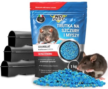 TRUTKA NA MYSZY SZCZURY GRANULAT NO PEST 1KG + KARMNIK NA TRUTKĘ (3 SZT)