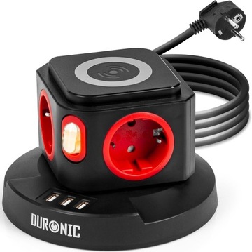 LISTWA ANTYPRZEPIĘCIOWA 7w1 4 GNIAZDKA 3 USB + SZYBKA ŁADOWARKA INDUKCYJNA