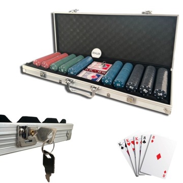 ZESTAW DO GRY W POKERA 500 SZT ŻETONÓW 2x TALIA POKER WALIZKA 5x KOSTKA
