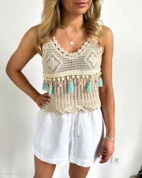 TOP BLUZKA BEŻOWA MAKRAMA PLECIONA BOHO BEŻ UNI