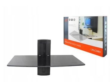 Настенная полка, телевизор, декодер, DVD-консоль.