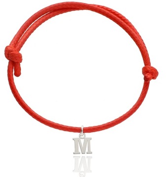 Bransoletka sznurkowa czerwona z literką literka M lub INNE SREBRO 925