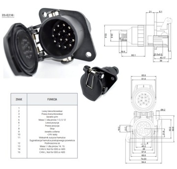 РОЗЕТКА ADR ДЛЯ ПРИЦЕПА МДП 24 В, 15 КОНТ. С ВИНТАМИ