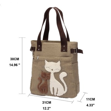 KAUKKO Damska płócienna torebka na ramię Duża torba z motywem kota