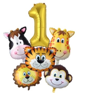 BALONY ZESTAW BALONÓW ZWIERZĄTKA ROCZEK cyfra 1 dekoracja urodziny 6szt
