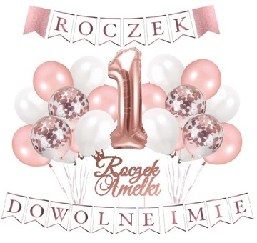 Zestaw BALONY ROCZEK 1 urodziny ROSE GOLD + IMIĘ
