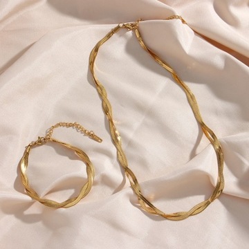 Komplet Złoty Zestaw Biżuterii Przeplatana Szeroka Żmijka Stal Chirurgiczna