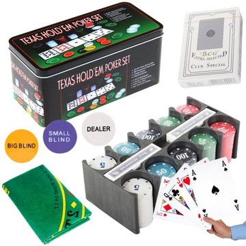 ZESTAW DO POKERA TEXAS POKER ŻETONY 200SZT 2x KARTY MATA ETUI ALUMINIOWE