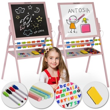 DREWNIANA TABLICA DWUSTRONNA OBROTOWA 2W1 MAGNETYCZNA KREDOWA + AKCESORIA