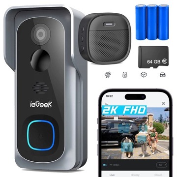 DZWONEK BEZPRZEWODOWY KAMERA WIDEO DOMOFON 2K 3MPX HD Szeroki Kąt 166 64GB