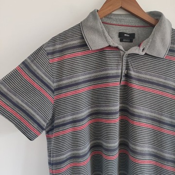 XL HUGO BOSS koszula polo regular fit mercerised paski szary czerwień