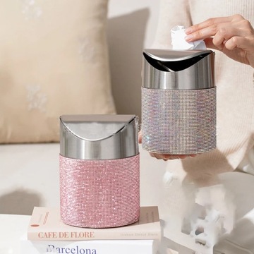 Bling Rhinestone Desktop Snack Trash Can Diamond Metal Swing Mini Trash
