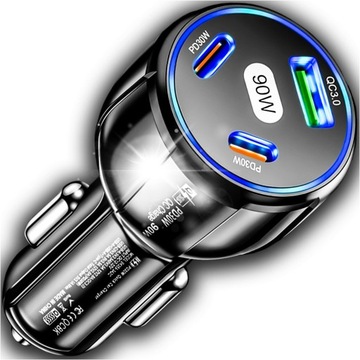 ŁADOWARKA SAMOCHODOWA 2x USB C PD 30W USB QC 3.0 LED SZYBKA DO TELEFONU 90W