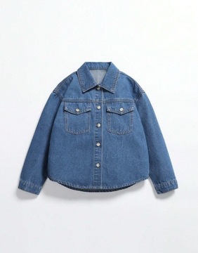 NIEBIESKA BAWEŁNIANA KLASYCZNA KOSZULA JEANSOWA WZÓR NADRUK SHEIN 140