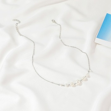 Naszyjnik srebrny łańcuszek celebrytka perły choker damski glamour perełki