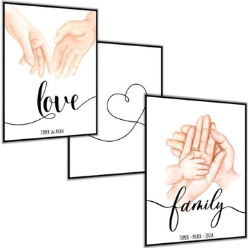 3 x PLAKAT DŁONIE 30x40 LOVE FAMILY RODZINA IMIONA DZIEŃ KOBIET
