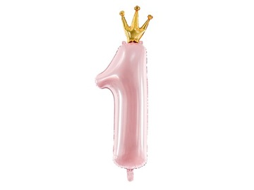 Balon Foliowy Cyfra 1 w Koronie 30x90 cm Różowa