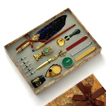 Ancient European Style Feather Dipped Ink Pen Fire Paint Seal Gift Box Set