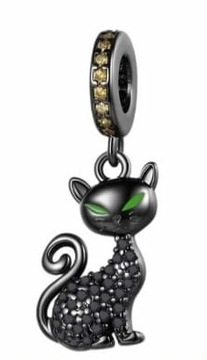 MD charms czarny kot zielone oczy kamienie | S925