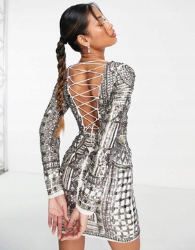 Asos Design zfd v-neck sukienka mini odkryte wiązanie cekinowa plecy L