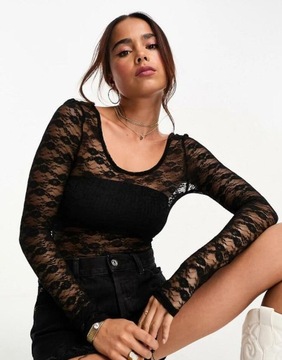 MISS SELFRIDGE CZARNE KORONKOWE BODY DŁUGI RĘKAW STRINGI 5N6 NH2__XL