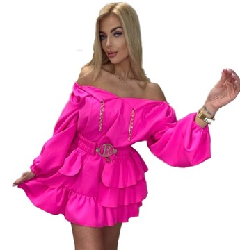 Sukienka różowa Hiszpanka krótka zwiewna PF Paparazzi Fashion Rozkloszowana