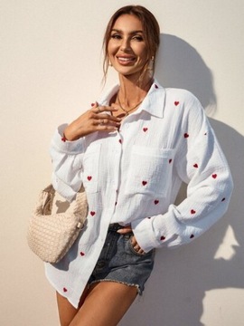 SHEIN BIAŁA BAWEŁNIANA KOSZULA W SERCA S 67281