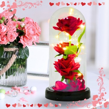 WIECZNA RÓŻA W SZKLE ŚWIECĄCA LED PREZENT NA DZIEŃ KOBIET MAMY + PUDEŁKO