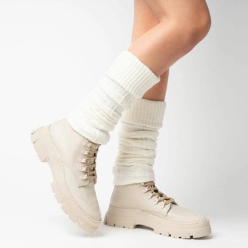 PODKOLANÓWKI DAMSKIE getry wełniane OCIEPLACZE Warkocz ecru Steven